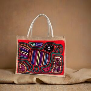 Handmade Burlap Shoulder Tote Bag with Authentic Kuna Mola Design—Handcrafted by